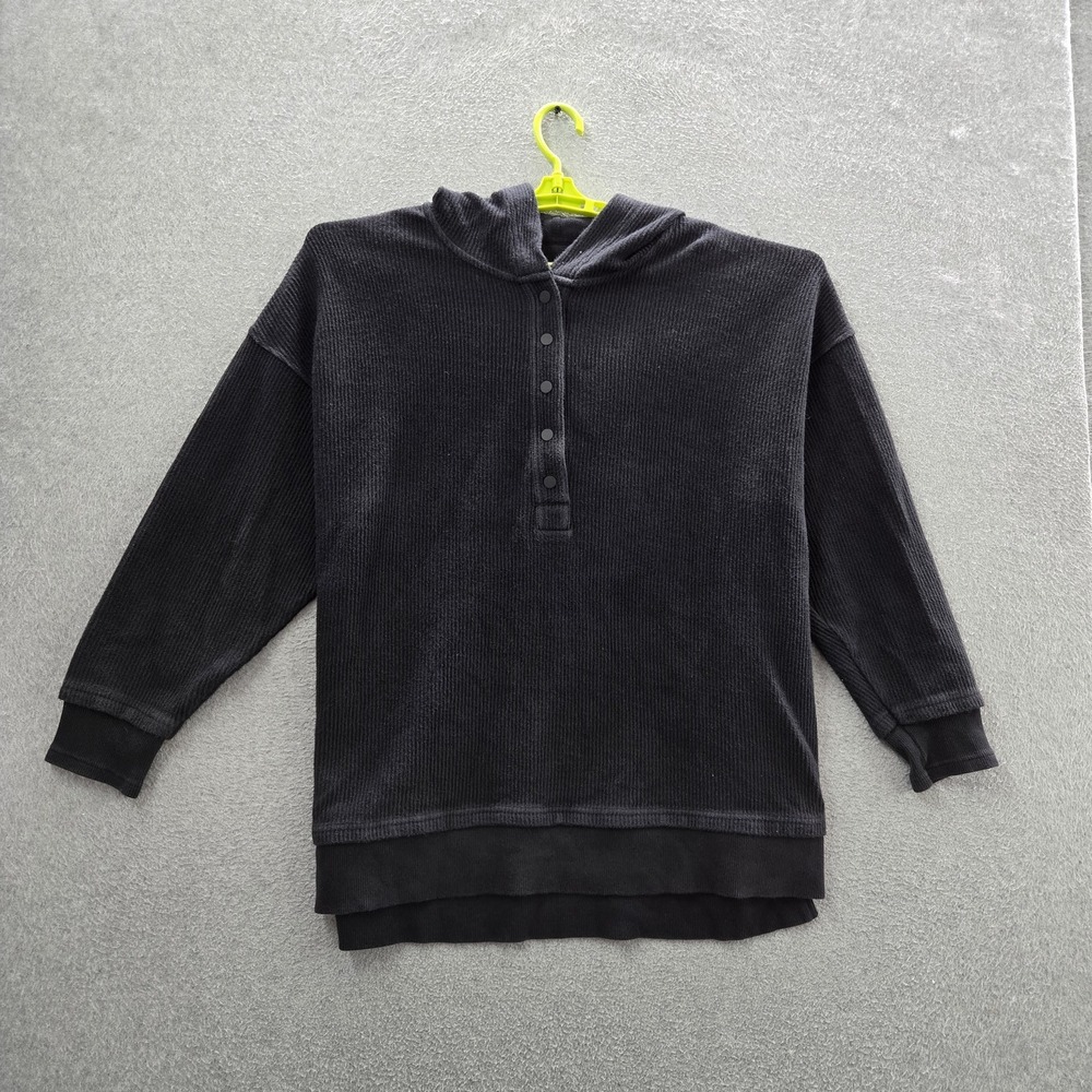 Aerie Women Hoodie L Black Snap Button Long Sleeve Oversized Ribbed Pullover